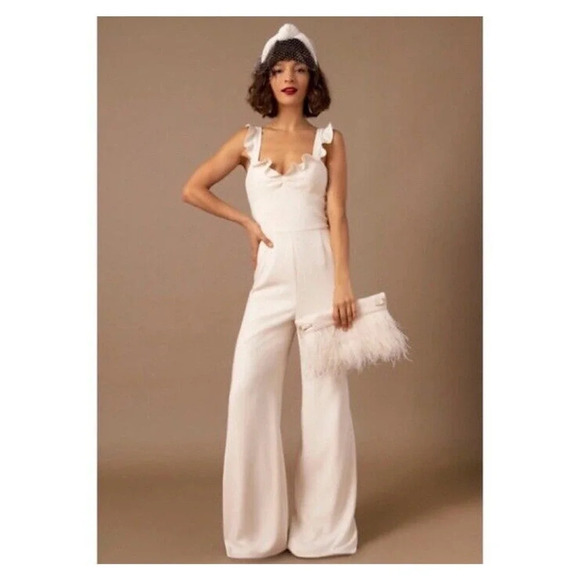 BHLDN x ML Monique Lhuillier White Ada Jumpsuit Ruffle Leg Slit Bridal Size 0 - Picture 1 of 13